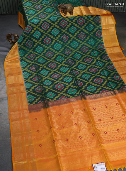 Ikat soft silk saree bottle green and yellow with allover ikat weaves and zari woven border
