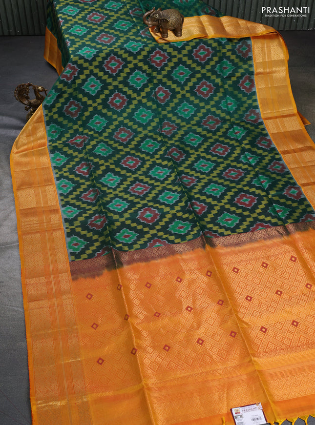 Ikat soft silk saree bottle green and yellow with allover ikat weaves and zari woven border