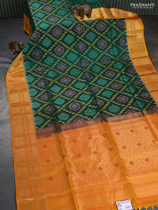 Ikat soft silk saree bottle green and yellow with allover ikat weaves and zari woven border
