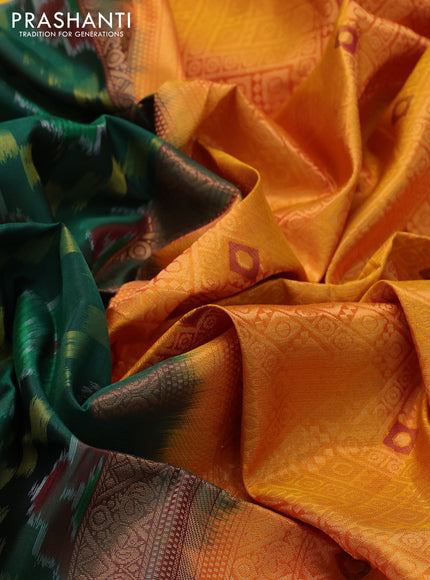 Ikat soft silk saree bottle green and yellow with allover ikat weaves and zari woven border