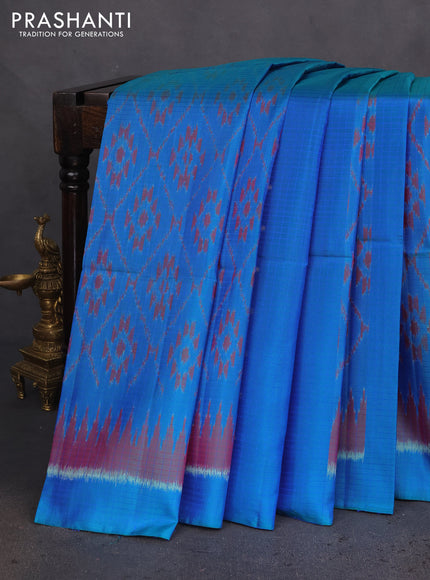 Ikat soft silk saree dual shade of bluish green and reddish pink with allover ikat weaves & zari buttas in borderless style