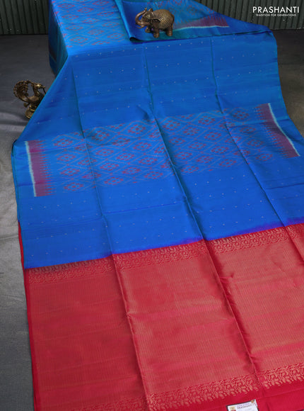 Ikat soft silk saree dual shade of bluish green and reddish pink with allover ikat weaves & zari buttas in borderless style