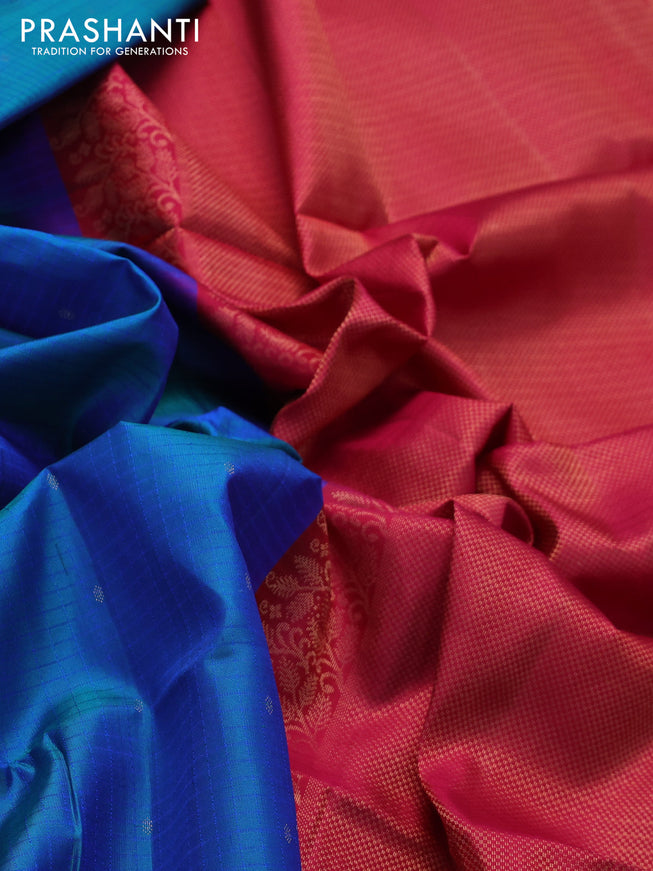 Ikat soft silk saree dual shade of bluish green and reddish pink with allover ikat weaves & zari buttas in borderless style