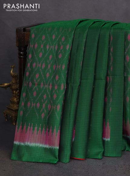 Ikat soft silk saree dark green and red with allover ikat weaves & zari buttas in borderless style