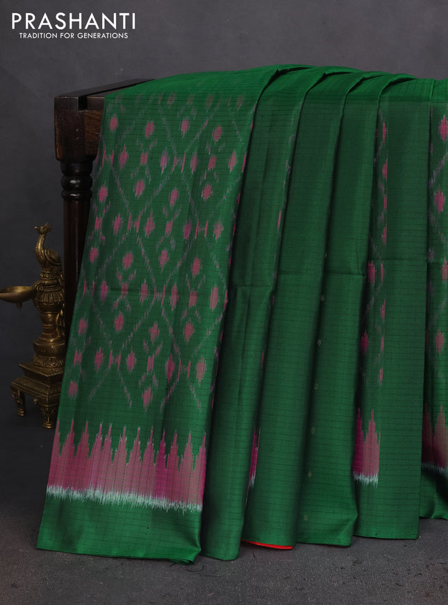 Ikat soft silk saree dark green and red with allover ikat weaves & zari buttas in borderless style