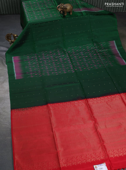 Ikat soft silk saree dark green and red with allover ikat weaves & zari buttas in borderless style