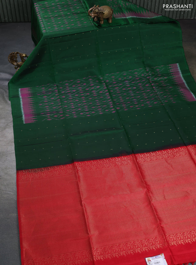 Ikat soft silk saree dark green and red with allover ikat weaves & zari buttas in borderless style