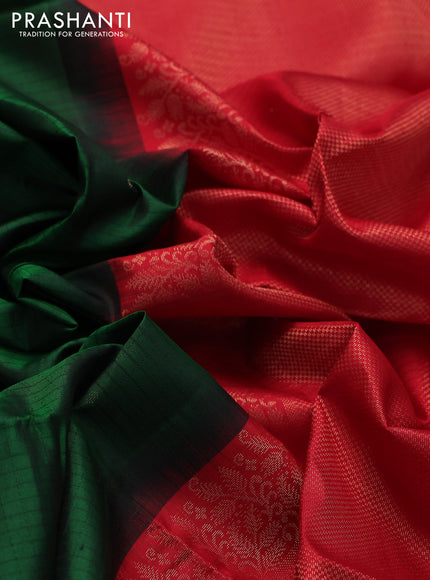 Ikat soft silk saree dark green and red with allover ikat weaves & zari buttas in borderless style
