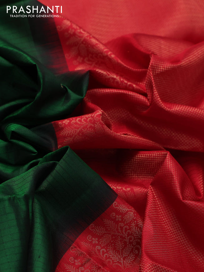 Ikat soft silk saree dark green and red with allover ikat weaves & zari buttas in borderless style