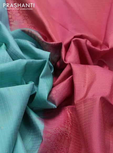 Ikat soft silk saree teal blue and peach pink with allover ikat weaves & zari buttas in borderless style
