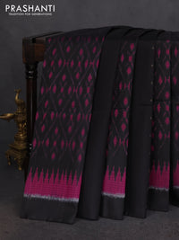 Ikat soft silk saree black and red with allover ikat weaves & zari buttas in borderless style