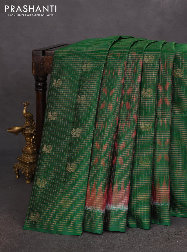 Ikat soft silk saree green and pink with allover zari checks & ikat weaves in borderless style