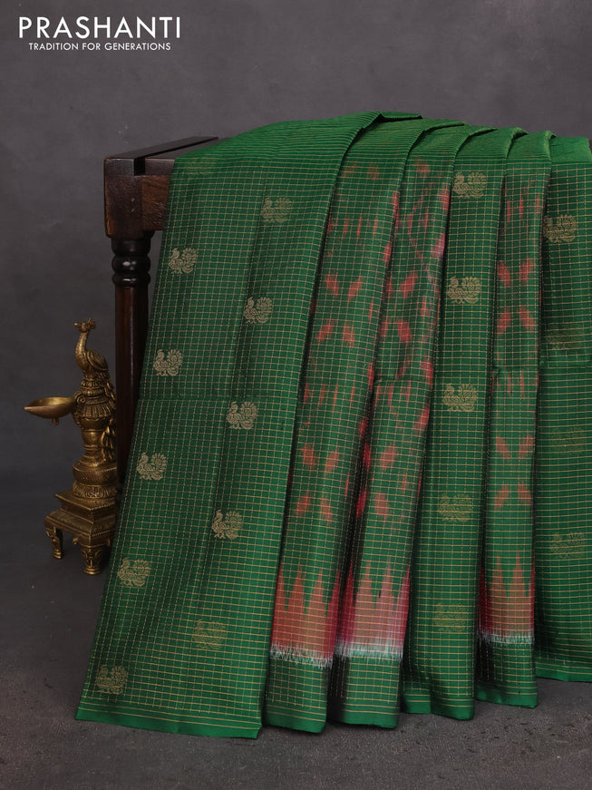 Ikat soft silk saree green and pink with allover zari checks & ikat weaves in borderless style