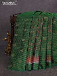 Ikat soft silk saree green and pink with allover zari checks & ikat weaves in borderless style