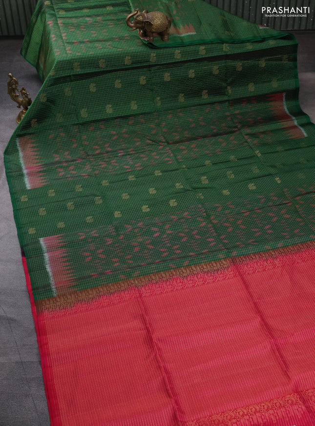 Ikat soft silk saree green and pink with allover zari checks & ikat weaves in borderless style