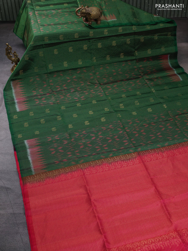 Ikat soft silk saree green and pink with allover zari checks & ikat weaves in borderless style