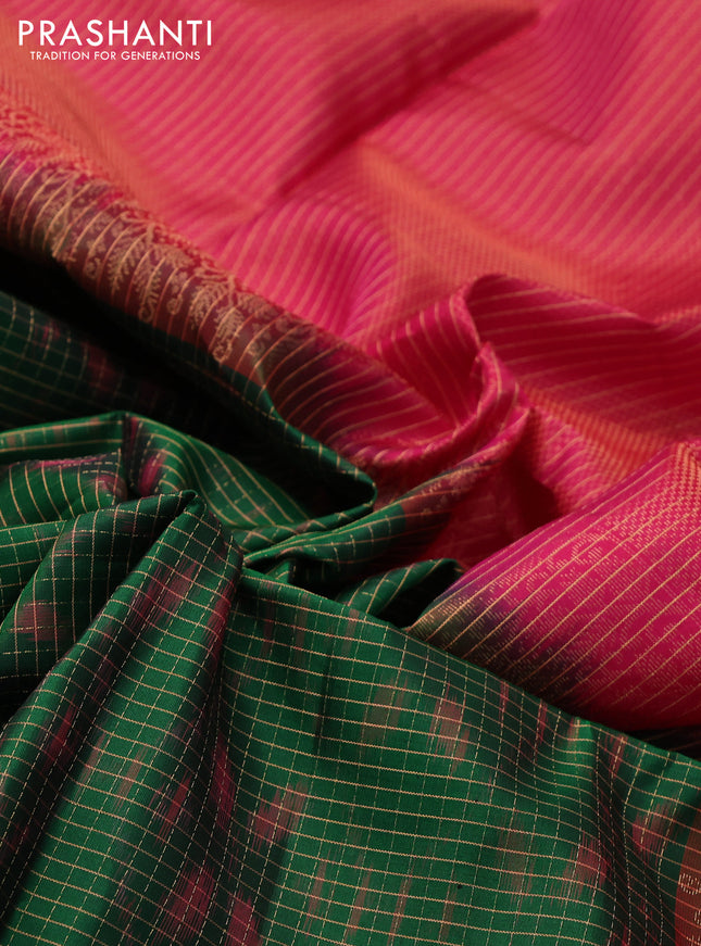 Ikat soft silk saree green and pink with allover zari checks & ikat weaves in borderless style