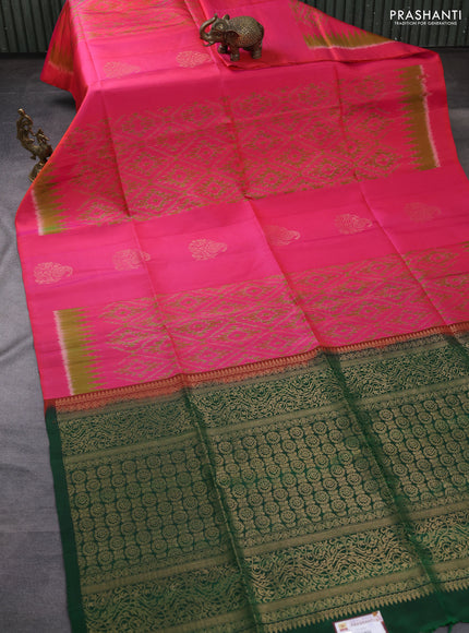 Ikat soft silk saree pink and green with allover ikat weaves & zari buttas in borderless style