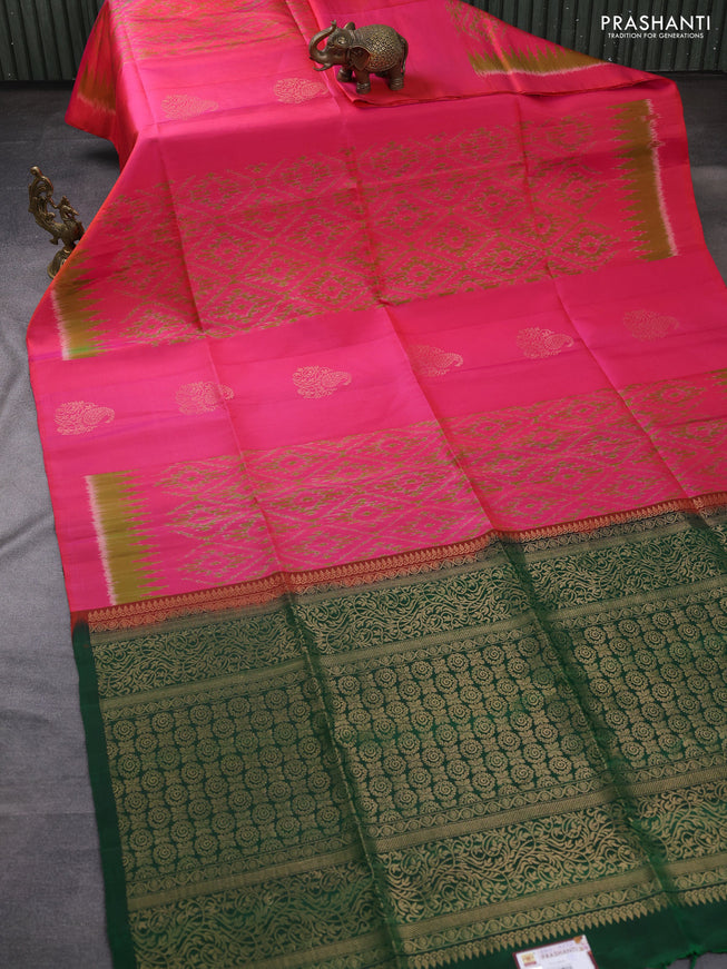 Ikat soft silk saree pink and green with allover ikat weaves & zari buttas in borderless style
