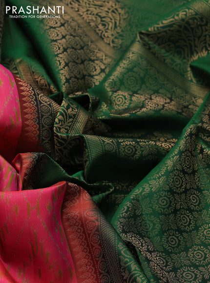 Ikat soft silk saree pink and green with allover ikat weaves & zari buttas in borderless style