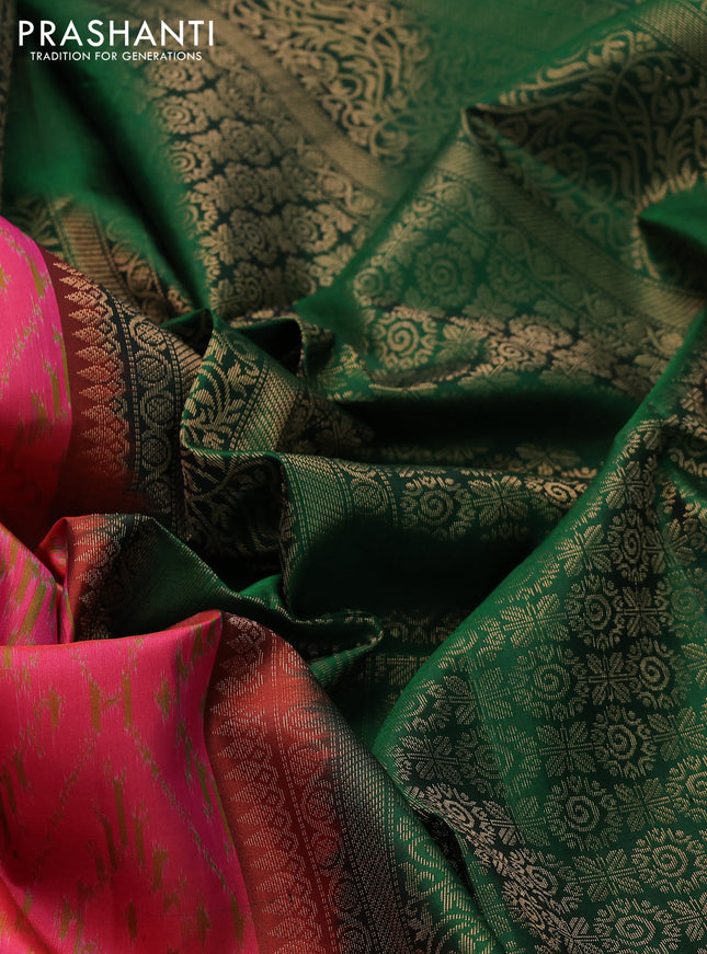 Ikat soft silk saree pink and green with allover ikat weaves & zari buttas in borderless style