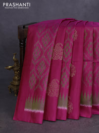 Ikat soft silk saree pink and green with allover ikat weaves & zari buttas in borderless style