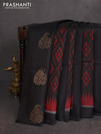 Ikat soft silk saree black and red with allover ikat weaves & zari buttas in borderless style