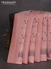 Ikat soft silk saree pastel peach and pink with allover ikat weaves & zari buttas in borderless style