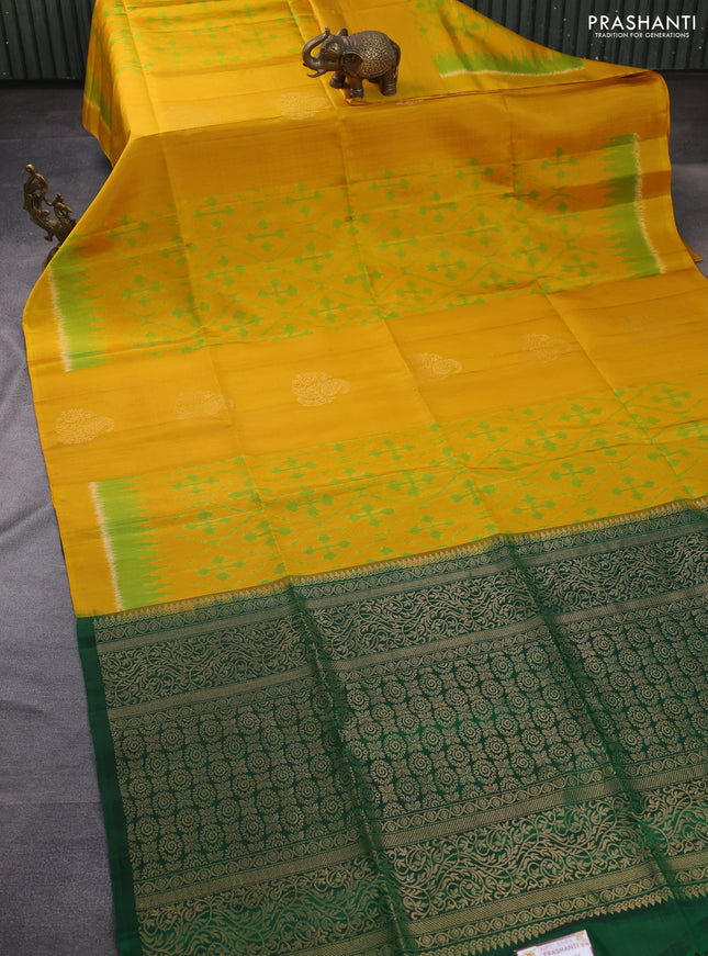 Ikat soft silk saree mustard yellow and dark green with allover ikat weaves & zari buttas in borderless style