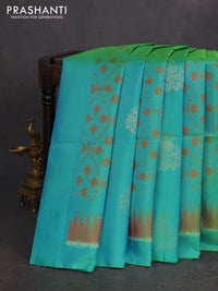 Ikat soft silk saree dual shade of teal bluish green and pink shade with allover ikat weaves & zari buttas in borderless style