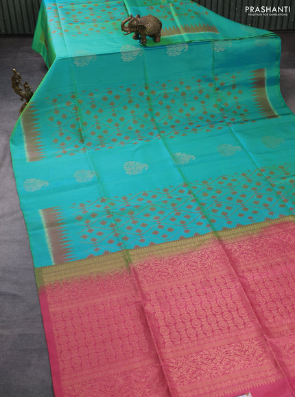 Ikat soft silk saree dual shade of teal bluish green and pink shade with allover ikat weaves & zari buttas in borderless style