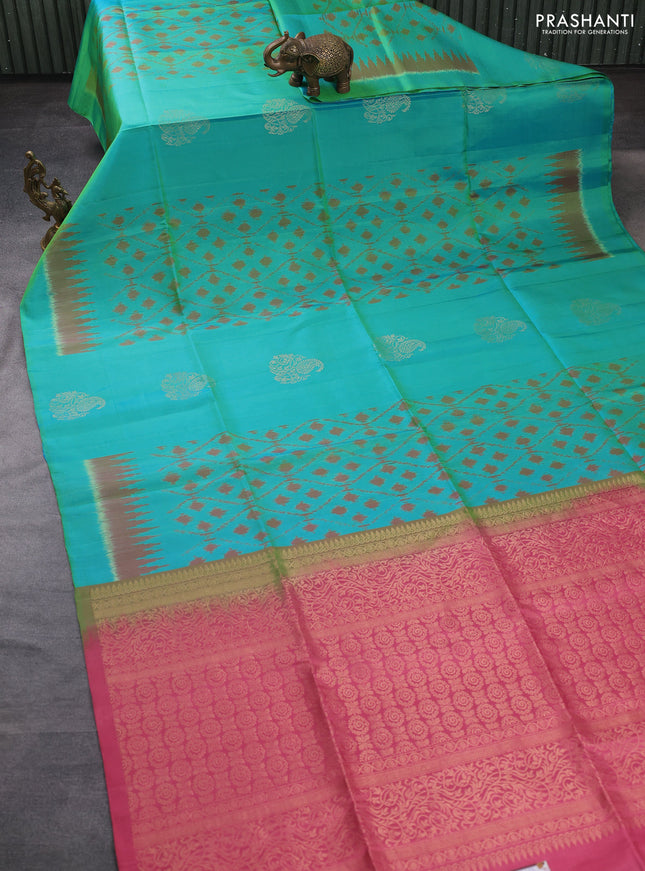 Ikat soft silk saree dual shade of teal bluish green and pink shade with allover ikat weaves & zari buttas in borderless style