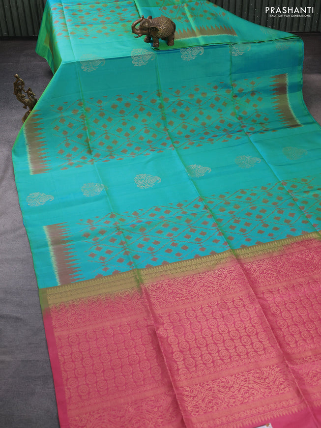 Ikat soft silk saree dual shade of teal bluish green and pink shade with allover ikat weaves & zari buttas in borderless style