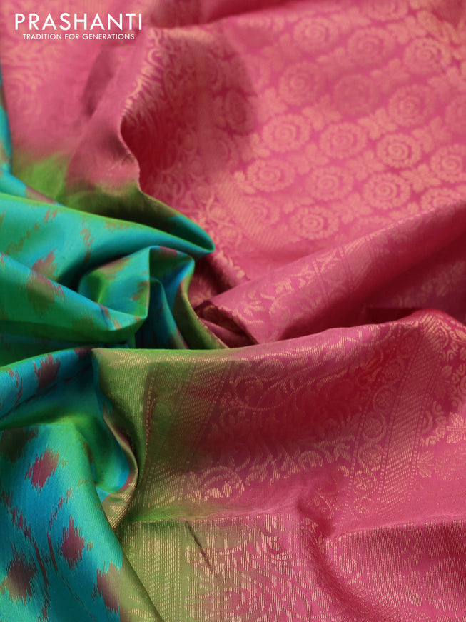 Ikat soft silk saree dual shade of teal bluish green and pink shade with allover ikat weaves & zari buttas in borderless style