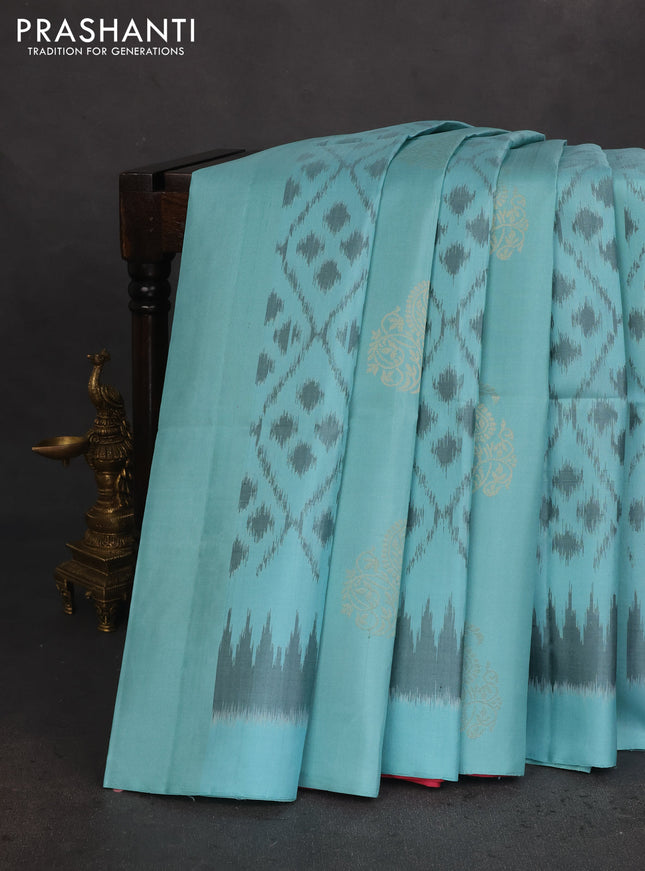 Ikat soft silk saree pastel blue and pink shade with allover ikat weaves & zari buttas in borderless style