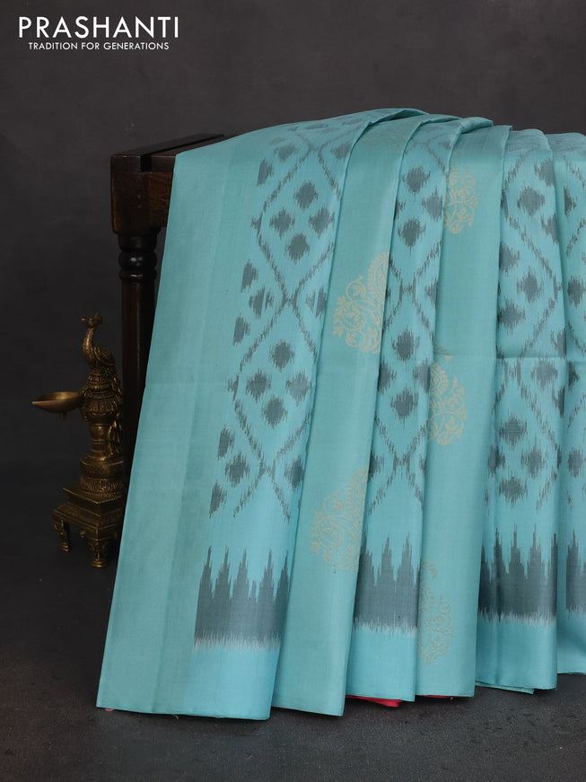 Ikat soft silk saree pastel blue and pink shade with allover ikat weaves & zari buttas in borderless style