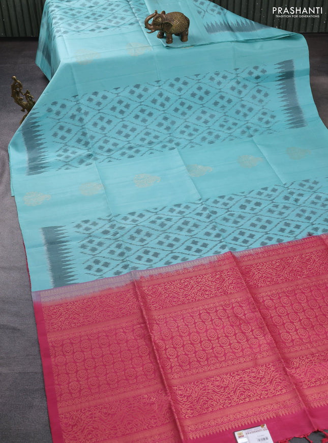 Ikat soft silk saree pastel blue and pink shade with allover ikat weaves & zari buttas in borderless style