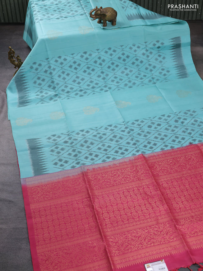 Ikat soft silk saree pastel blue and pink shade with allover ikat weaves & zari buttas in borderless style