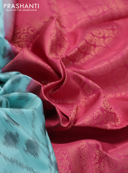 Ikat soft silk saree pastel blue and pink shade with allover ikat weaves & zari buttas in borderless style