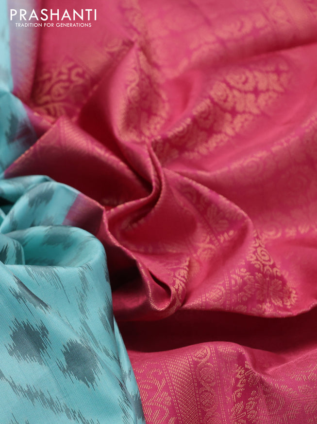 Ikat soft silk saree pastel blue and pink shade with allover ikat weaves & zari buttas in borderless style