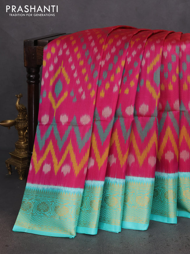 Ikat soft silk saree magenta pink and teal green with allover ikat weaves and zari woven border