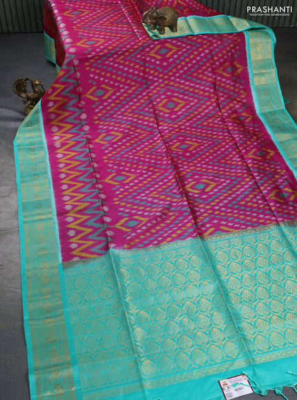 Ikat soft silk saree magenta pink and teal green with allover ikat weaves and zari woven border
