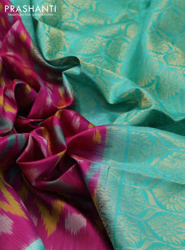 Ikat soft silk saree magenta pink and teal green with allover ikat weaves and zari woven border