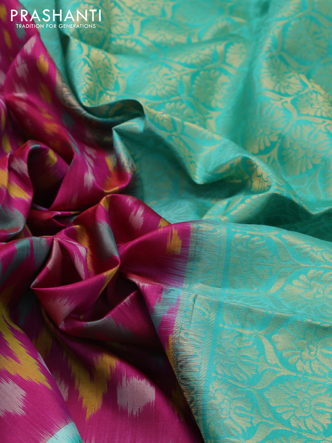 Ikat soft silk saree magenta pink and teal green with allover ikat weaves and zari woven border
