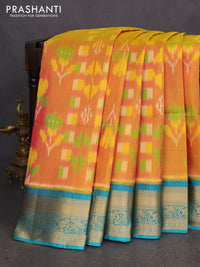 Ikat soft silk saree dual shade of yellowish pink and teal green with allover ikat weaves and zari woven border