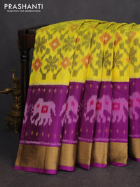 Ikat soft silk saree yellow and purple with allover ikat weaves and zari woven border