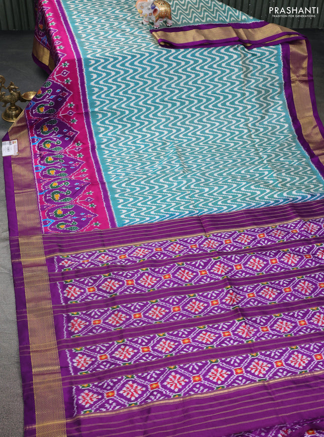 Pochampally silk saree teal green and violet with allover ikat prints and zari woven border