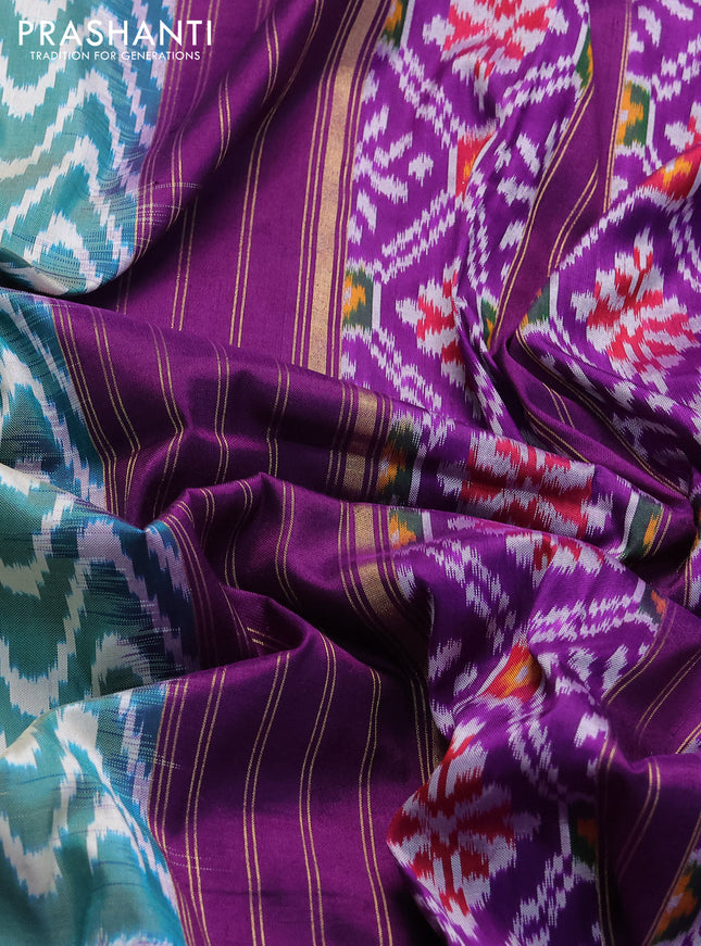 Pochampally silk saree teal green and violet with allover ikat prints and zari woven border