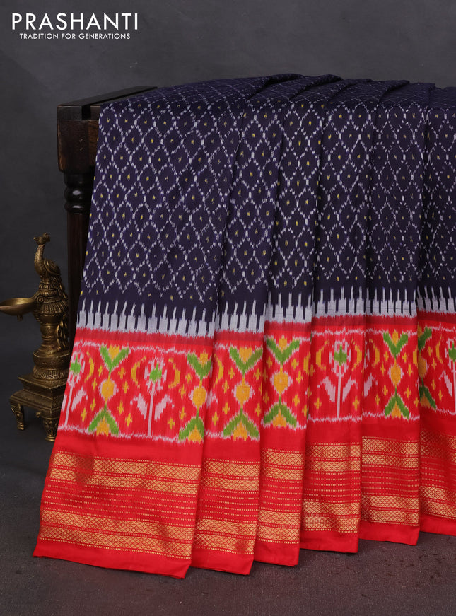 Pochampally silk saree navy blue and red with allover ikat prints and zari woven border