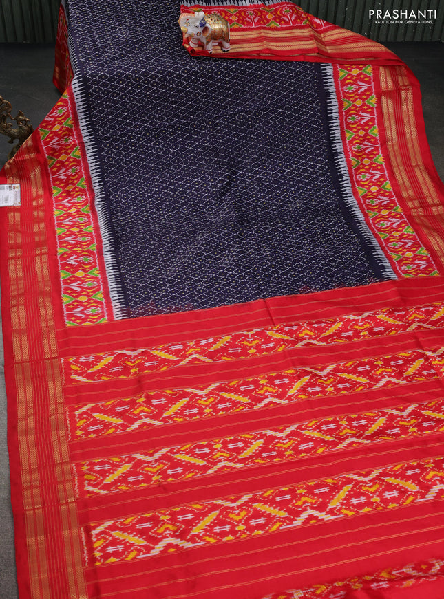 Pochampally silk saree navy blue and red with allover ikat prints and zari woven border